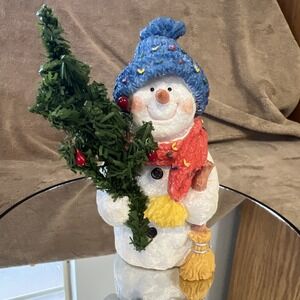 Vintage Christmas Figurine Snowman With Tree Band Creations 1990s Blue Hat
